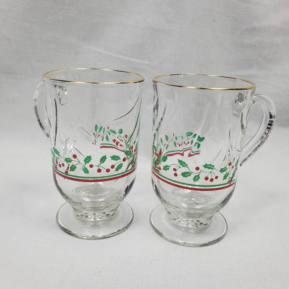 2 Vintage Arby's Libbey Holly Berry IRISH COFFEE MUGS Footed Gold Rim Christmas